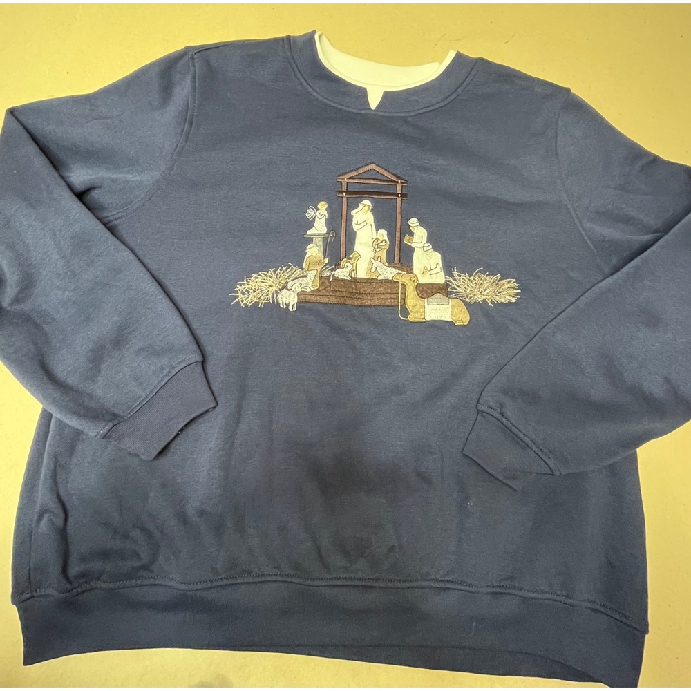 Rebecca Malone Womens Navy Embroidered Nativity Scene Christmas Sweatshirt L VTG